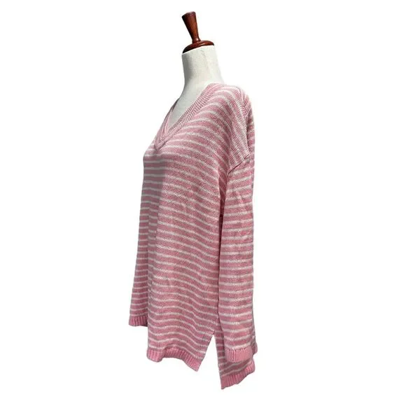 Talbots Sweater 1X Women's Pink & White Striped V-Neck Linen Cotton Longsleeve - Picture 6 of 9